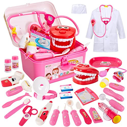 Doctors Set for Kids Age 3+, 3 in 1 Children Doctor Nurse Dentist Kit with Dress Up Costumes Pretend Role Play Medical Carry Case Toys Gifts for Boys Girls