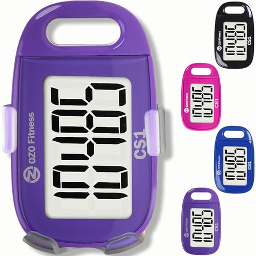 CS1 Easy Pedometer for Walking | Clip on Step Counter | Large Display + Lanyard (Purple)