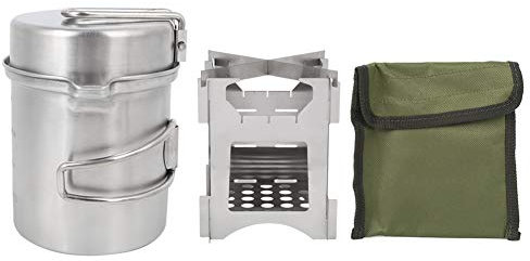 Juego de estufa de leña con olla de acero inoxidable - Camping portátil Juego de estufa de leña con olla de acero inoxidable Combinación de estufa de cocina para viajes al aire libre Senderismo Picnic