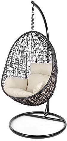 Kideo Komplettset: Hängesessel mit Gestell & Kissen, Poly-Rattan, Schaukel, Lounge (Gestell- und Korbfarbe: schwarz, Kissen: Elfenbein Nest (0050 Ivory))