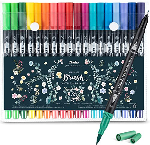 Ohuhu Feutre Coloriage, 36 Couleurs Aquarelle Stylos Feutres Double Pointe Fine et Pinceau pour Mandala Calligraphie Dessin Esquisse Livre de Coloriage, Non-blanchissant Non-toxique