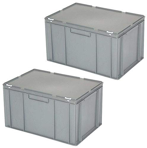 2 Eurobehälter mit Deckel, lebensmittelecht, stapelbar, LxBxH 600x400x330 mm, grau, PE-HD