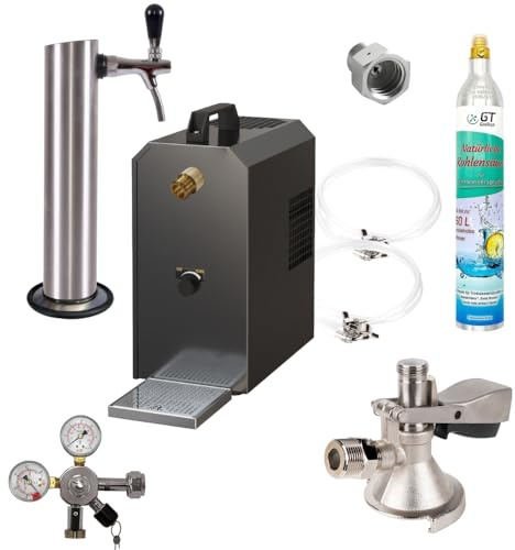 Gastrobedarf Westerbarkey Untertheke Zapfanlage 35l mit Edelstahl Schanksäule, Kompensatorschankhahn, CO², Uhr, Schläuchen und Keg (25l Edelstahl Flach 425g Soda)