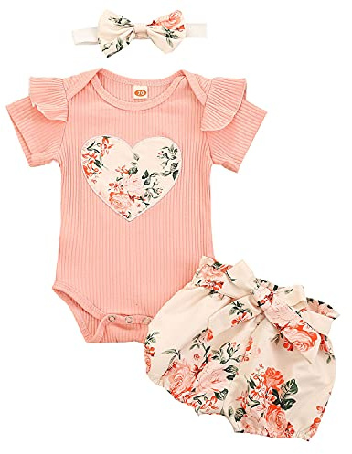 Geagodelia Ensemble 3 pièces pour bébé fille - Body à manches courtes + short à fleurs + bandeau - Nouveau-né - Doux - Été, 3-6 mois