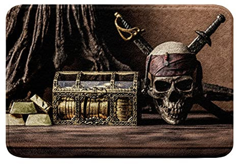 Loussiesd Piraten Totenkopf Mikrofaser Badezimmerteppich Ozean Nautisch Skelett rutschfest Badematte 40x60cm Piraten Golden Zottelig Saugfähiger Badteppiche Meer Abenteuer Weich Lauschig Badvorleger