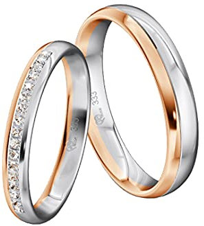 JC Trauringe Gold 333 Bicolor Paarpreis Poliert I Partnerringe Rot- und Weißgold mit Gravur in edler Schatulle I 2 Hochzeitsringe Herrenring ohne & Damenring mit Zirkonia Steinen I ICT26