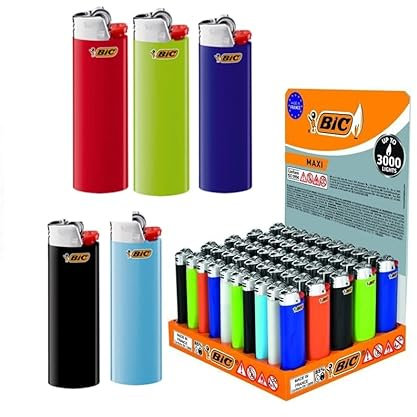 BIC J26 Maxi Lighter Mixed Colours and Stand - Refillable, Lightweight and Reliable (Gemischt, 50)
