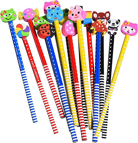 LATERN 50 Stück Cartoon Bleistifte mit Radiergummis, Zufällige Cartoon Radiergummis am Bleistiftende, Verschiedene Muster Bleistifte für Kinder Geburtstag Geschenke Partytütenfüller (17,5 x 2cm)
