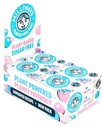 Milliways Bubblemint Chewing Gum, Plastic Free, Sugar Free, Aspartame Free, Natural | 12 Packs of 10 Pieces (120 Pieces Total) | Xylitol, Plant-Based, Biodegradable