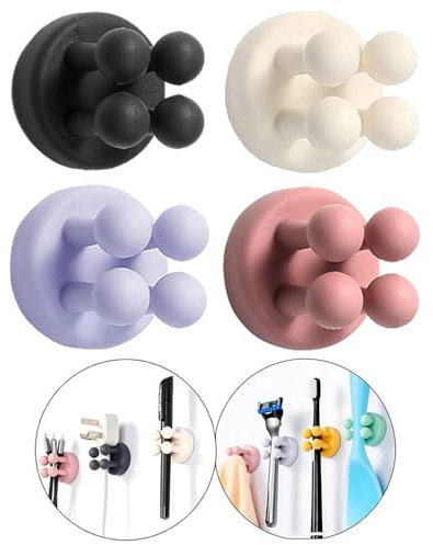 Defrko Silicone Toothbrush Holders - 4 Pcs Razor Hooks Adhesive Wall Mounted for Hanging Towel Key Plug Cable, Utility Decor Stick to Dorm Room Essentials Function for Kitchen Bathroom Home Office