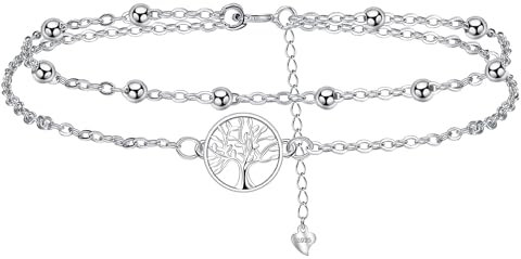 J.MUEN Lebensbaum Fußkettchen Silber 925 für Damen, Sommer Strand Schmuck Geschenk für Damen Mädchen, Verstellbare Fußkette 22+4cm