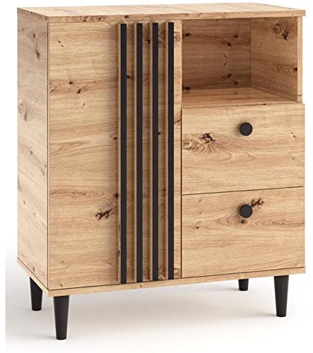 MargaretHadas24 Sideboard Kommode Laura IV Eiche Holz in Natur Schwarz Wohnzimmerschrank (Eiche Artisan und schwarz)