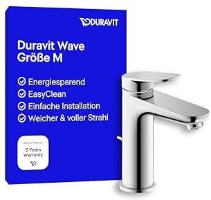 Duravit Wave Waschtischarmatur, Größe M (Auslauf Höhe 111 mm), energiesparende Waschbecken Armatur (FreshStart), Wasserhahn Bad mit Zugstangen-Ablaufgarnitur, Chrom