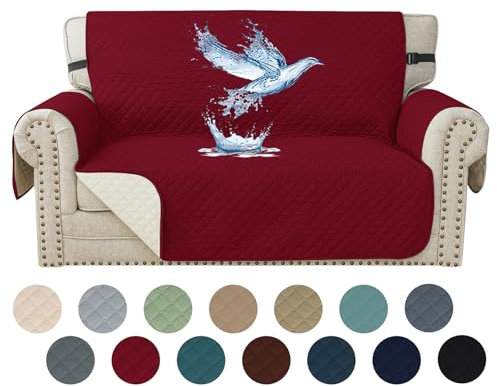 YSTELLAA 100% Wasserdicht Sofa Überzug 2 Sitzer, Couch Bezug Rutschfes, Waschbar Couchüberzug, Sofabezug Mit Armlehnen, Universal Sofa Covers Für Katze Hund, Mit Gummiband, Burgunderrot