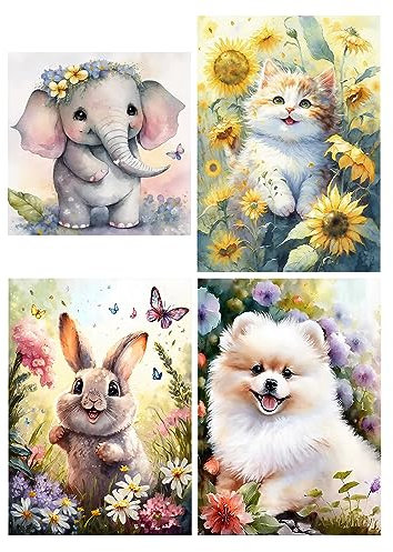 SHEGZHUC Diamond Painting Tiere 4 Pack 30x40 cm Diamond Painting Elefant Diamond Painting Hasen Kaninchen Malen nach Zahlen Katze Diamond Painting Hundewelpen Stickbild Kreuzstich Tiere Puzzle