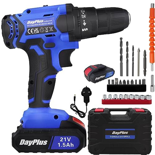 Cordless Drill Driver 21V, 1500mAh Li-lon Battery Powered Combi Drill Screwdriver Set, 45Nm Max 2 Speed Small Electric Screwdriver Cordless Power Tool, 25+1 Torque, LED Light, 26pcs Accessories