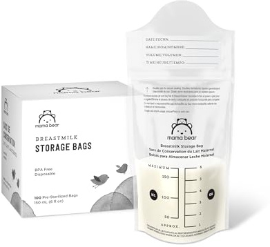 Amazon Brand - Mama Bear Breastmilk Storage Bags, Pre-Sterilized, BPA Free, Double Zips, for Refrigeration and Freezer Storage, 100 Count, 6 fl oz