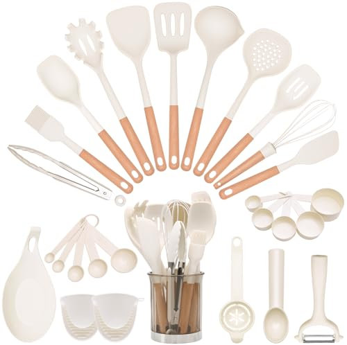BBN Lot de 28 ustensiles de cuisine en silicone anti-adhésif avec support, poignée en bois robuste, résistant à la chaleur (blanc)