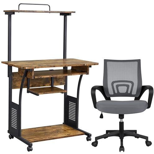Yaheetech Schreibtisch + Bürostuhl Computertisch mit Regal + Mesh-Gewebe Höhenverstellbarer Chefsessel Home Office fürs Arbeitszimmer/Büro/Konferenz