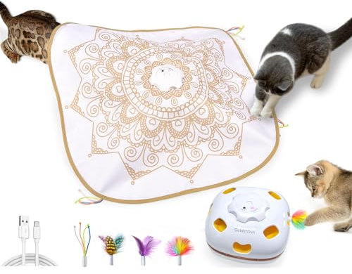 GoldenSun Katzenspielzeug, Aufladbares, Interaktives 4-in-1 Spielzeug für Katzen im Innenbereich, Katzenangel, Schlag auf einen Maulwurf, Übungskatzenspielzeug mit 3 DIY-Ersatzfedern