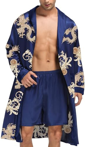 SWOMOG Mens Silk Robe with Shorts Set Satin Long Sleeve Kimono Bathrobe Blue Dragon Medium