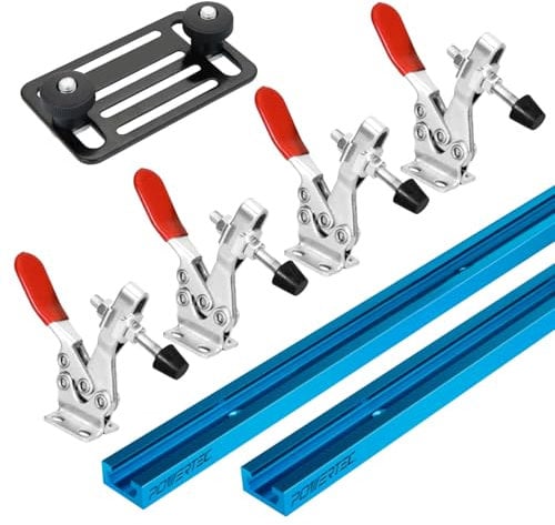 POWERTEC 72138 36 Inch Double-Cut Profile Universal T-Track 2pc with Toggle Clamp Mounting Plate and 4pc Horizontal Toggle Clamp, Woodworking Jigs & Fixtures, Drill Press Table, Router Table,Workbench