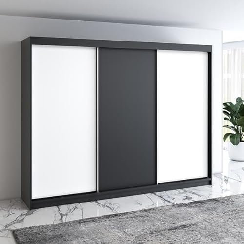A&J MöbelLand Moderne 3-türiger Kleiderschrank mit Schwebetüren und 4 Schubladen, 200 cm, Weiß (Schwarz/weiß/schwarz/weiß)