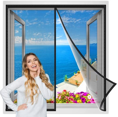 Magnet Fliegengitter Fenster Insektenschutz 75x90 cm, Der Magnetvorhang ist Ideal für die Garage Küche und Wohnwagen, Kinderleichte Klebemontage Ohne Bohren Schwarz Verstärkte