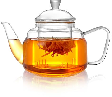 CNGLASS Glass Teapot with Removable Infuser,20oz(600ml) Clear Glass Tea Kettle Stovetop Safe,Glass Teapot with Strainer for Blooming and Loose Leaf Tea