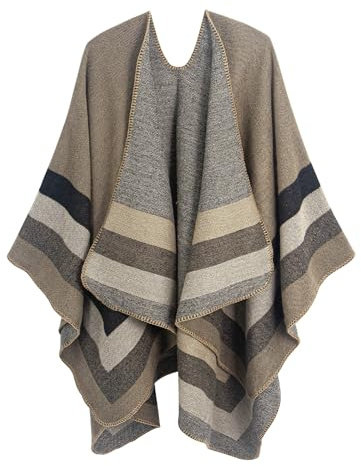 DiaryLook Damen Poncho Schal Winter Cardigan Übergroße Cape Elegant Poncho Für Frauen Umhang Damen Warm Geschenk Für Mutter Braun und Grau Gestreift