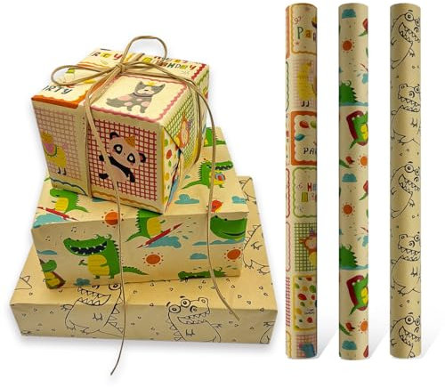 3 Rollen 43 cm x 3 Meter Krokodil-Geschenkpapier, wiederverwendbares Happy Birthday-Geschenkpapier aus Kraftpapier für Geburtstagsgeschenke für Jungen