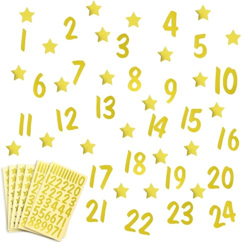 BETESSIN Lot de 248Pcs Autocollants Calendrier de l'Avant 48Pcs Chiffres Adhésifs Autocollants Numéro 1-24 et 200Pcs Stickers Étoiles Gommettes Dorées