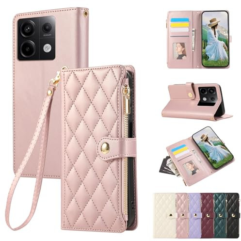 Vaitasy Coque pour Xiaomi Redmi Note 13 5G Flip Cuir PU Fermeture éclair Étui de Protection pour Redmi Note 13 5G Housse avec Magnétique Fonction Stand Or Rose