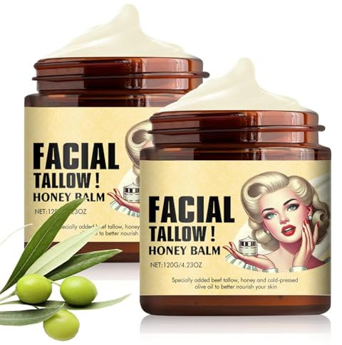 Whipped Beef Tallow and Honey Balm, Grass Fed Grass Finished Face Cream, Beef Tallow Skin Care, Tallow Moisturizer, Pure Cream Tallow Honey Cream for Face and Body (2 PCS)