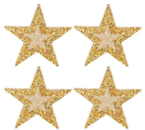 PATIKIL Star Rhinestone Patches, 4 Pcs Star Shape Sew/Iron on Applique Patches Rhinestone Applique Glitter Crystal Patches for Shoes Clothes Pants Bags Hats Shirts DIY Crafts, Gold
