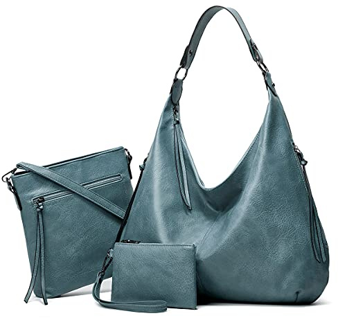 Pahajim Handtasche Damen Leder Handtaschen Set mit Geldbörse Shopper Tasche Damen Groß Hobo Umhängetasche Damen für Arbeit Einkaufen(Blau)