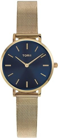 TORII Damenuhr Blau Edelstahl - rund Quarz G28GS.NG Milanaise-Armband Strichindizes wasserdicht 50 m
