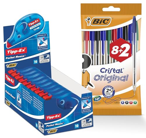 BIC Cristal - Bolígrafos originales, punta fina de 1,0 mm, colores surtidos, paquete de 10 y cintas correctoras de ratón BIC Tipp-Ex, 100 m, resistentes al desgarro, paquete de 10 unidades perfectas