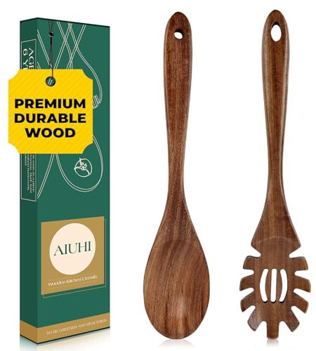 2Pcs Teak Wood Pasta Server, Wooden Spaghetti Noodle Spoon Set with Teech, Long Handle Spaghetti Fork and Spoon Set