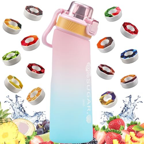 FLRWDJL Sports Air Water Bottle with 14 Flavour Pods, 700ML Fruit Drinking Bottles BPA Free 0% Sugar Cup For Kids and Adult(Pink&blue + 14pods)