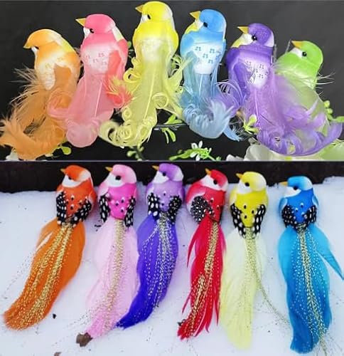 Yueser Künstliche Vogel,Vogelfigur Simulation Gartenfigur Künstliche Feder Schaum Kunstvogel Bunte Garten Mini Vogel für Baumschmuck Ornamente DIY (12 Stück)