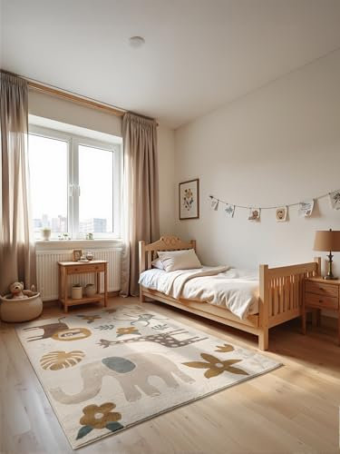 Hanse Home Adventures Kinderteppich - Safari, Zoo, Spielteppich, Tier Design, Spielmatte, Krabbelteppich Junge Mädchen für Kinderzimmer, Jugendzimmer, Wohnzimmer - Creme Multifarben, 160x235cm
