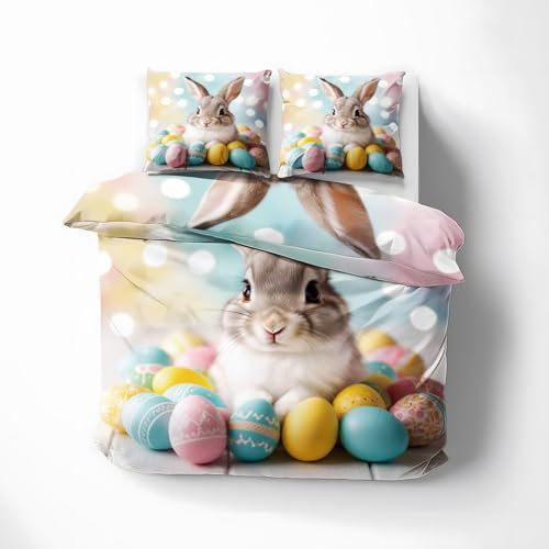 Generisch Bettwäsche Hasen 140x200, Ostern Kaninchen Bettbezug 140 x 200 2tlg, Wendebettwäsche & Deko, mit Reißverschluss, 1 Kissenbezug 70x90, Weiche Microfaser - ASF276