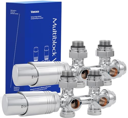 VANCOCO 2er Set Chrome Thermostat Hahnblock 50mm Eurokonus Heizkörper | 50mm Nabenabstand, Eck- und Durchgangsform, passend für Heizkörper & Badheizkörper mit Eurokonus Anschluss