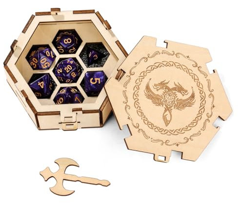 Contenitore per dadi, 7 dadi poliedrici di D&D, Scatola portaoggetti in legno per giochi da tavolo, Contenitore per drago a due teste, Accessori per giochi di ruolo, Regali per giochi da tavolo