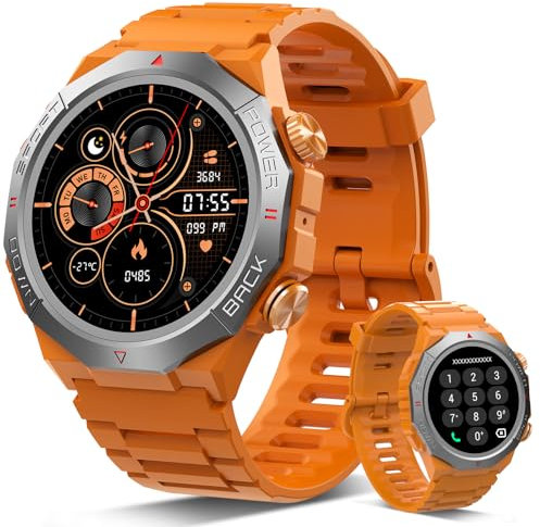 Militaire Montre Connectée Homme Femme avec Appel Bluetooth, 1.39 HD Smartwatch Motre Sport avec 110+ Modes Sportifs, Podometre Cardiofrequencemetre Sommeil, Etanche IP68 pour Android/iOS, Jaune
