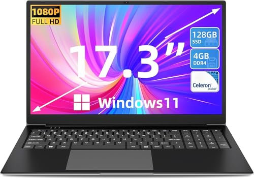 SGIN Laptop 17.3 Inch, Windows 11 Notebook Celeron I3 Processor, 4GB DDR3 128GB SSD, FHD IPS Display, HDMI, Type-C, Numpad, for Business and Students