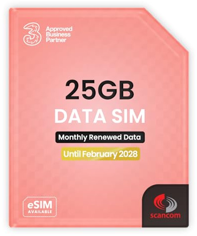Drei 25 GB Daten-SIM – ungedeckte 5G – vorinstalliert Monat bis Februar 2028 – Plug & Play für Router und Handys – Zugang zu Three & Vodafone – verbindet sich mit dem stärksten verfügbaren Signal