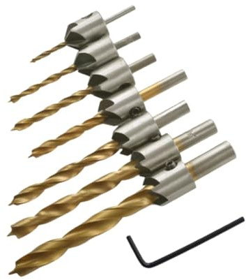 7Pcs Titanium Coated Countersink Drill Bit Set, 6mm Brad Point & Chamfer Tool for Woodworking, 150mm Length