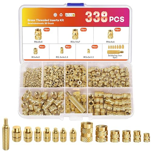 338Pcs Threaded Inserts for Plastic, Threaded Heat Inserts Set, Mixed M2-M6 | M2 M2.5 M3 M4 M5 M6 Threaded insert with Heat Set Insert Tips, Metric Brass Knurled Nuts for 3D Printing Components and Parts